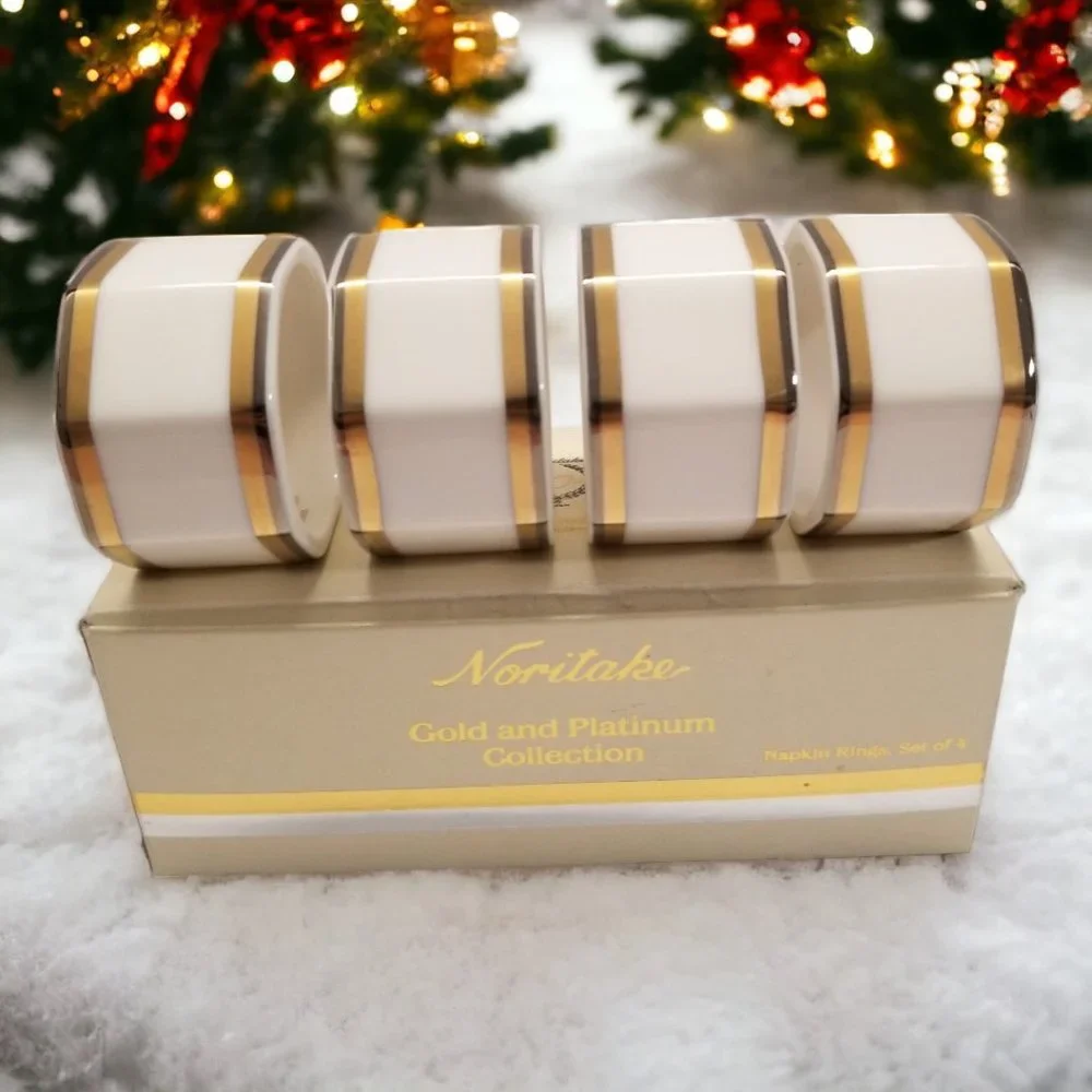 Gold & Platinum Band Napkin Holder Set 4-Noritake Vintage Napkin Rings Colection - Picture 4 of 13